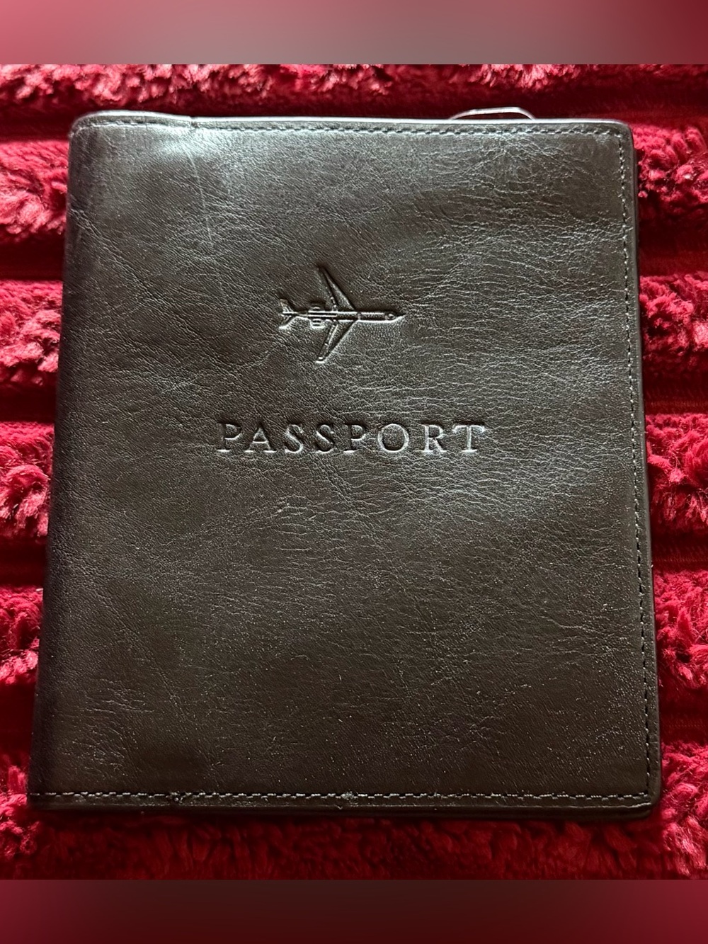 Fossil Brown Leather Passport Holder with Airplane Emboss